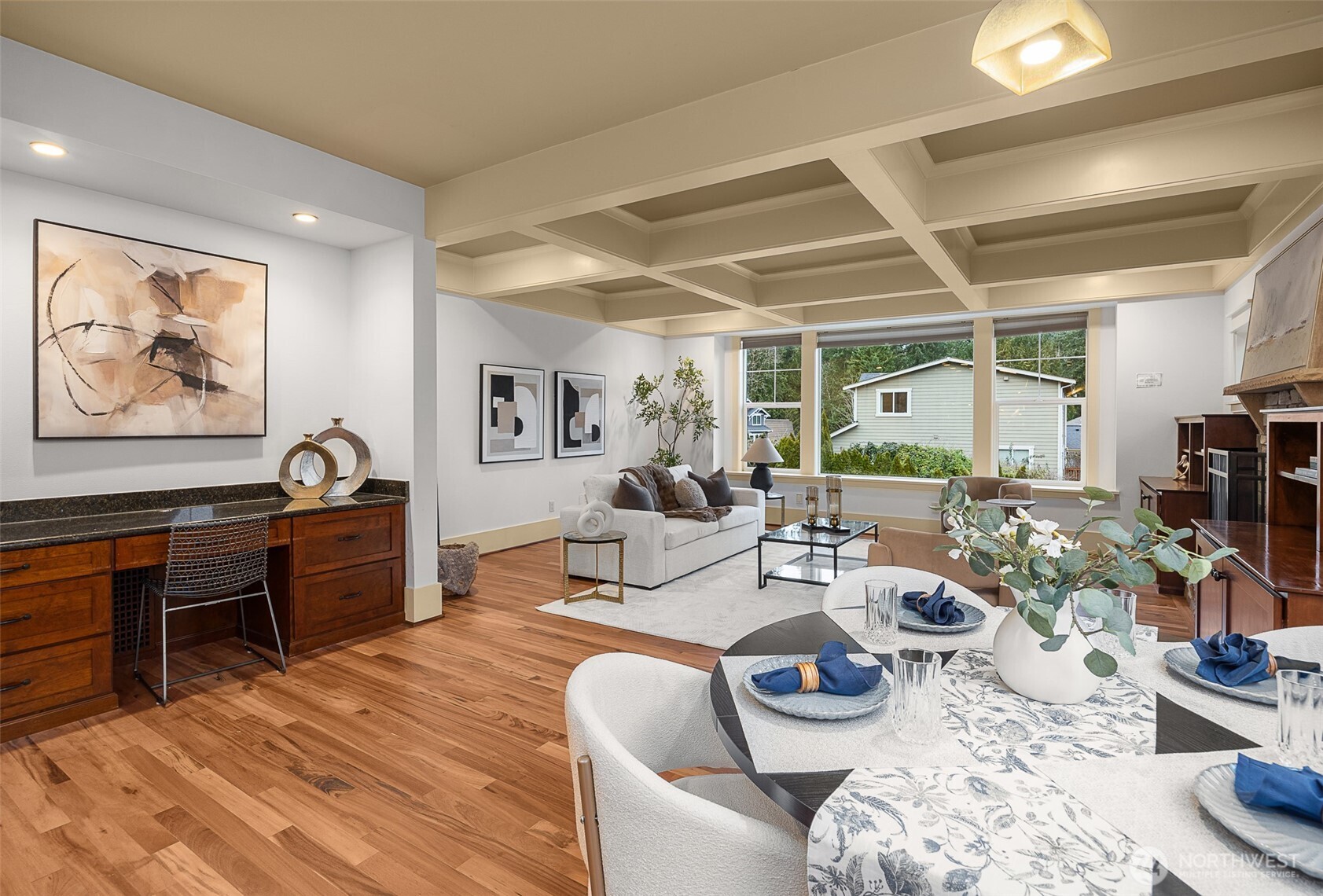 A built-in desk; recessed lights