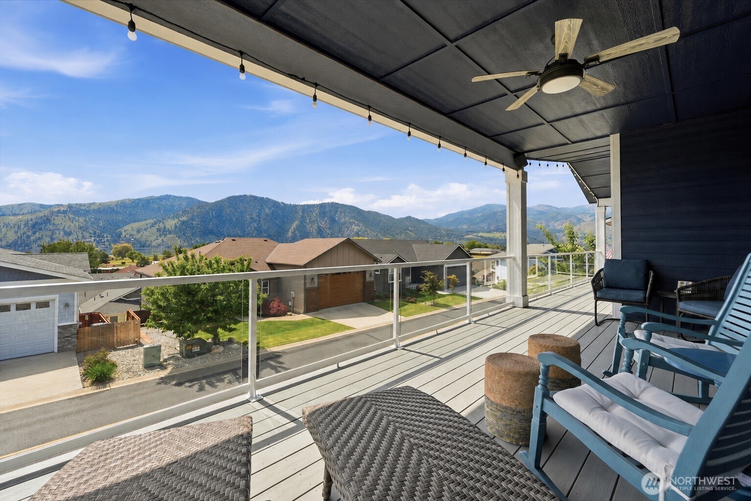 Lake and mountain views in your own private inviting deck - peaceful to watch the moon rising here.