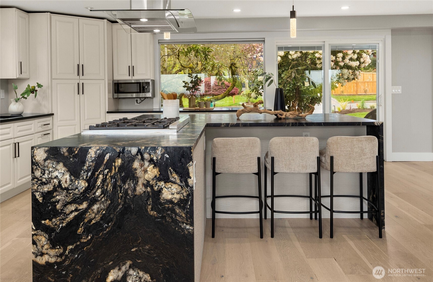 Honed quartz dual waterfall.