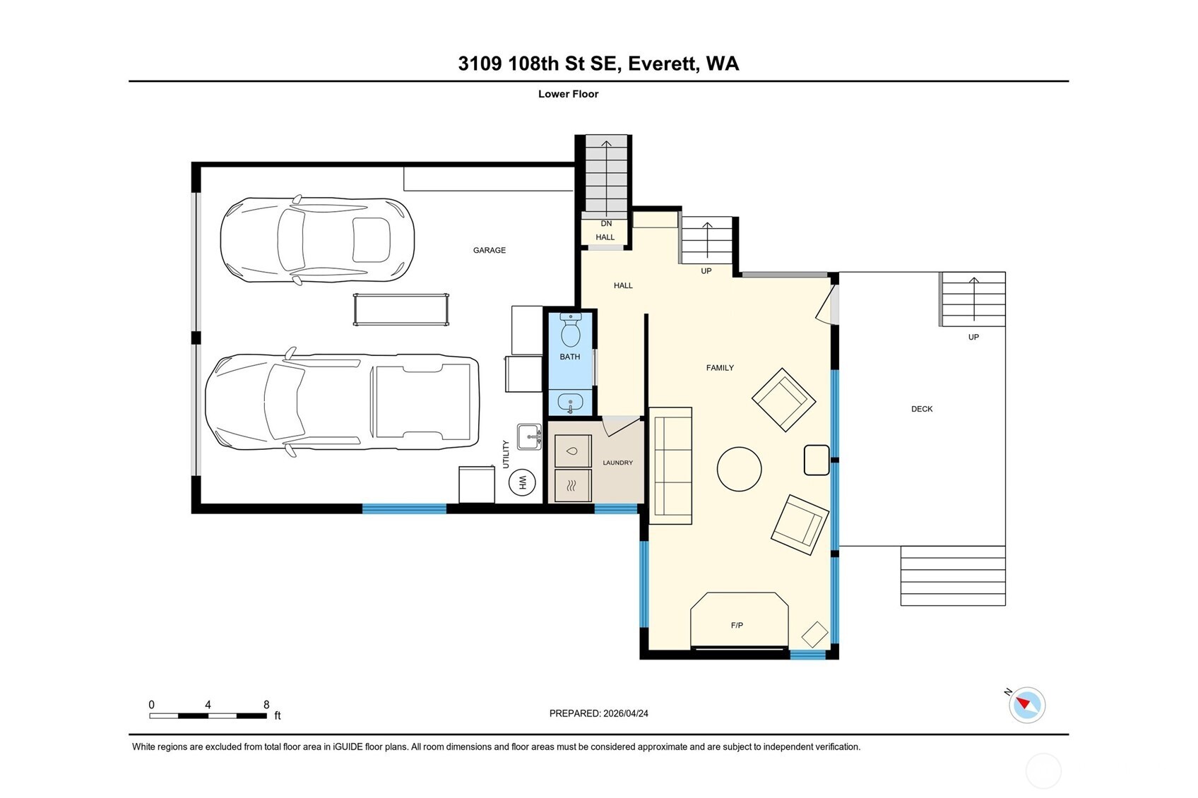 Family room level with entry to garage, half bath and laundry area. Access to deck from main level and this level of home.