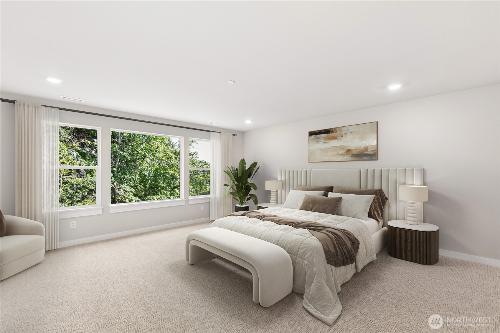 Very spacious primary bedroom virtually staged.