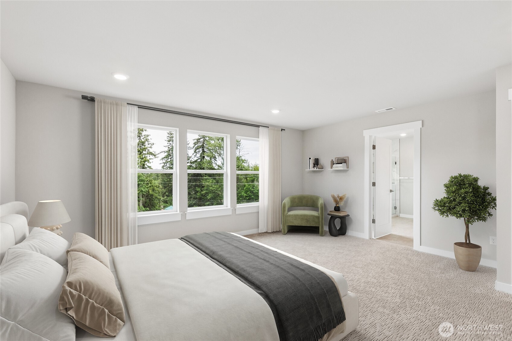 Top floor primary space overlooks park area - virtual staging.