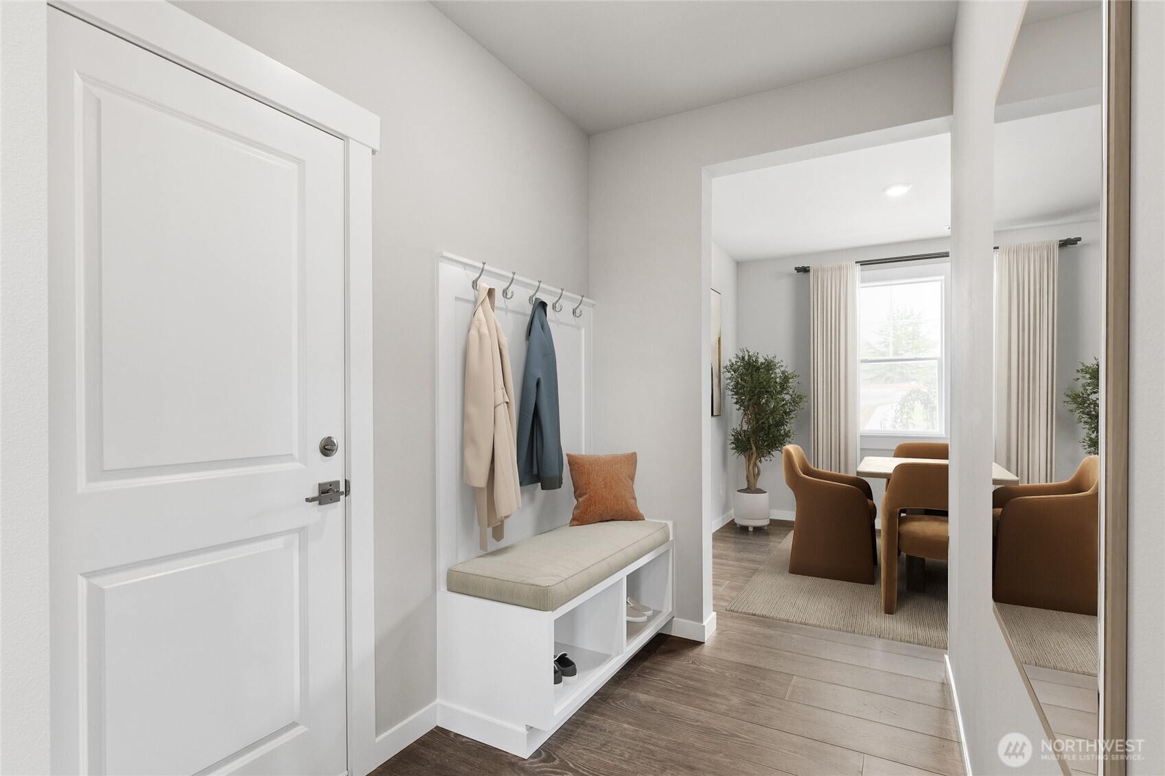 Convenient seating bench off garage entrance - virtual staging
