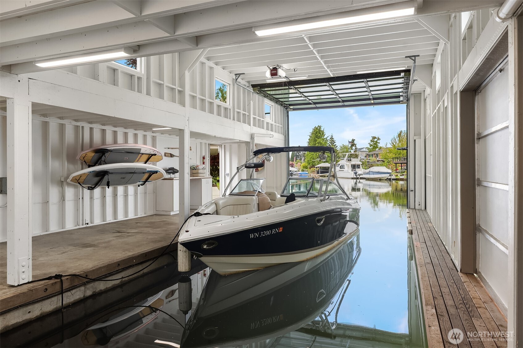 Doors open and you’re gone—protected moorage with immediate access to the canal. No trailering, no delay—just step in and go.