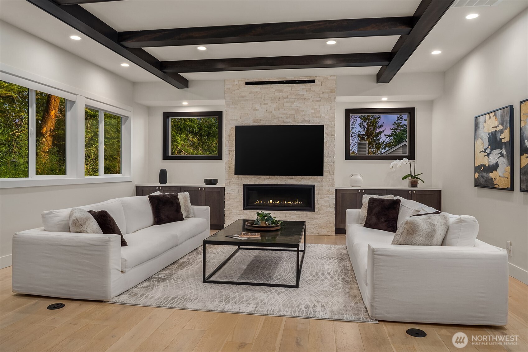 Great Room with Custom Stained Ceiling Beams