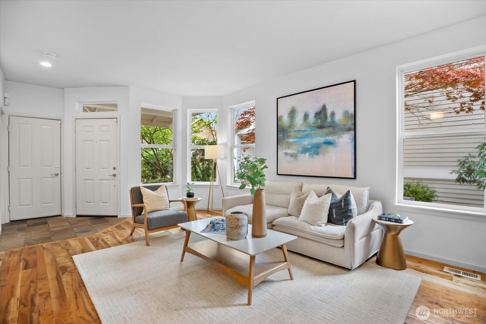 Large living room with gas fireplace