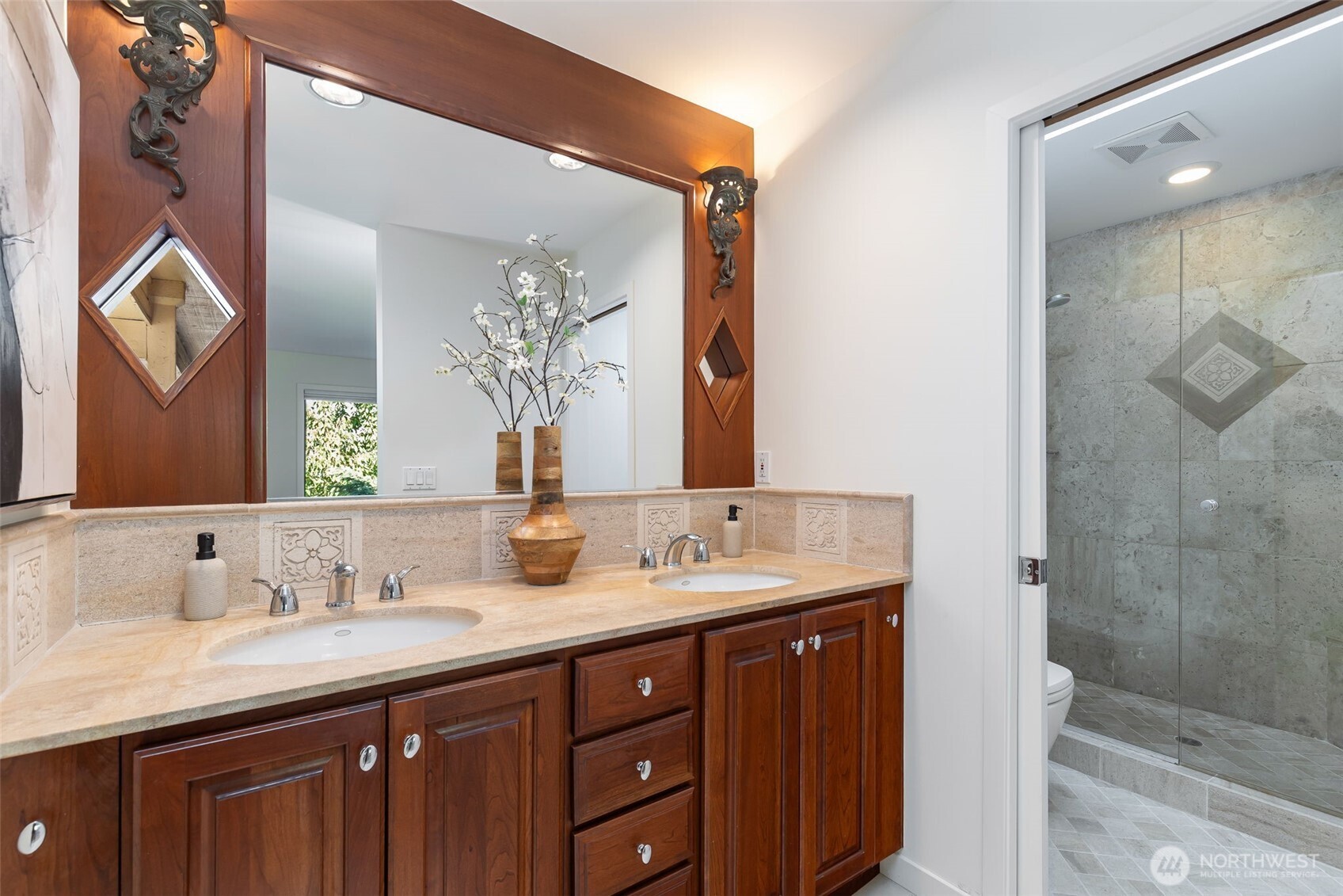 Dual vanity with peek-a-boo lake view