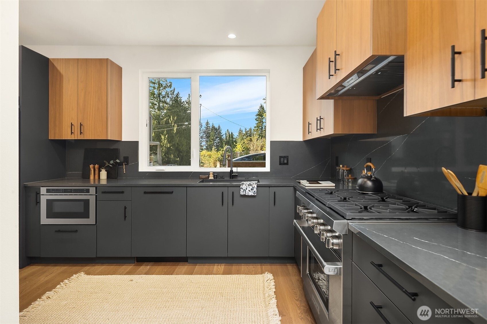 Gas Stove and Custom Hood, Integrated Dishwasher, French Door Style Refrigerator
