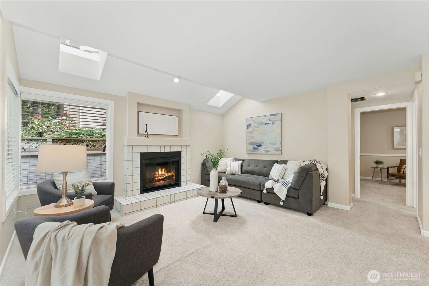 Cozy Informal Family room w fireplace and skylights