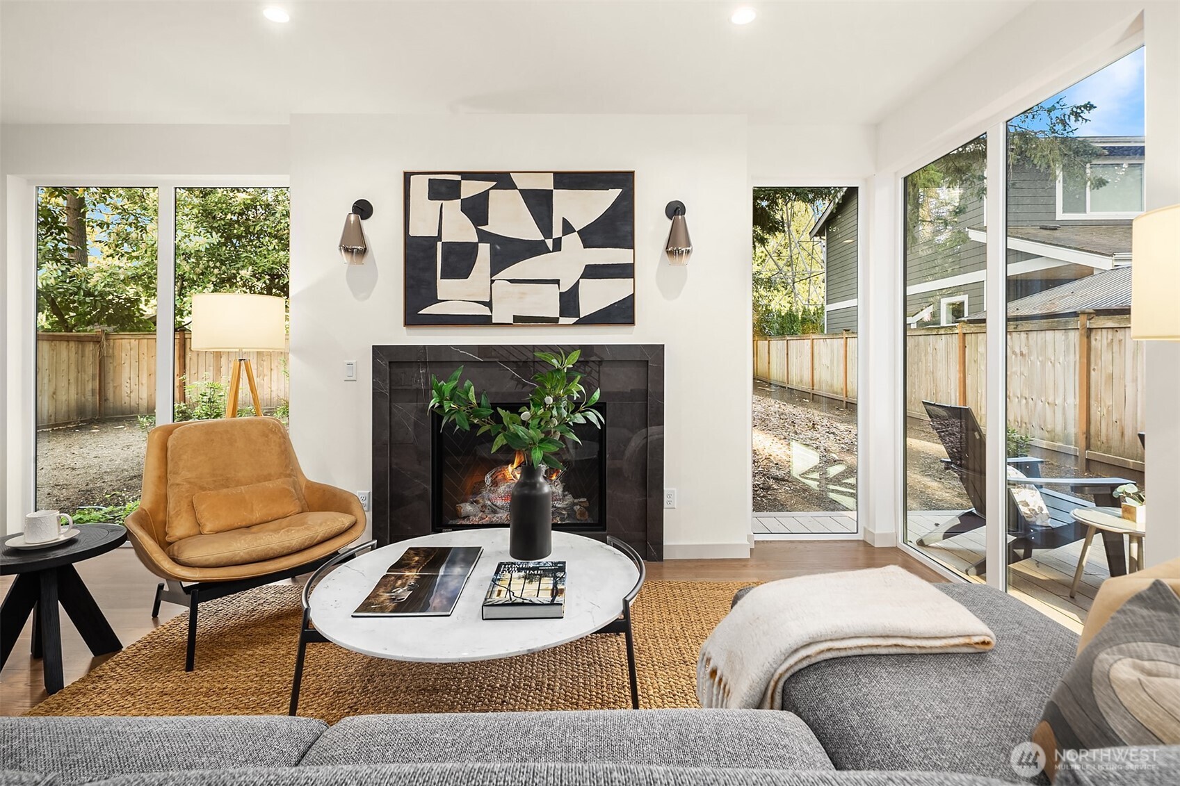 Gas Fireplace and Floor to Ceiling Windows