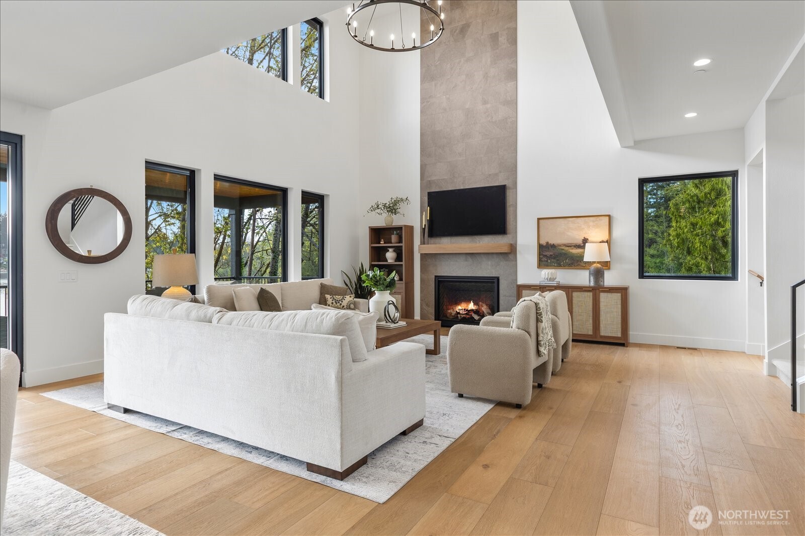 Open great room with views out to the lake.