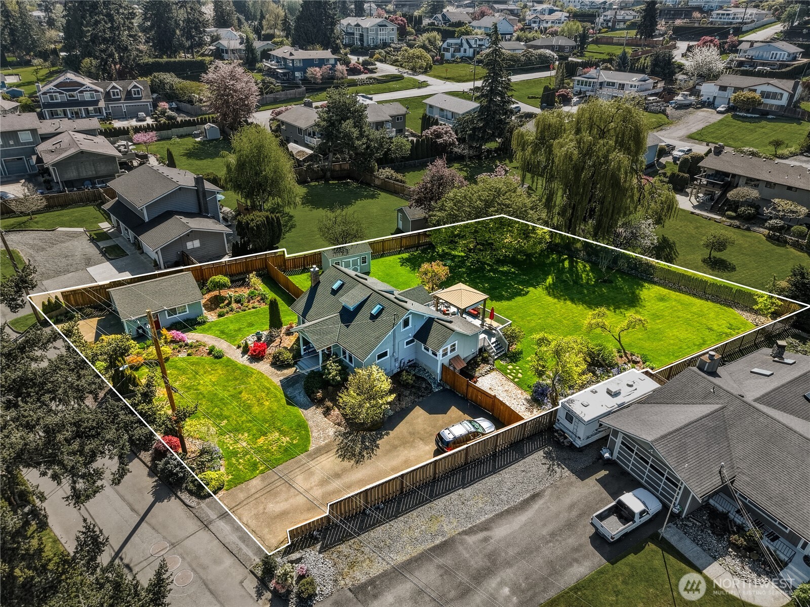 An aerial photo that captures the entire piece of property.