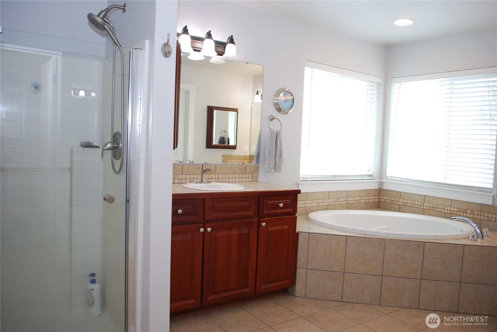 Bathroom suite features separate vanities, soaker tub, shower, private privy, and a walk in closet.