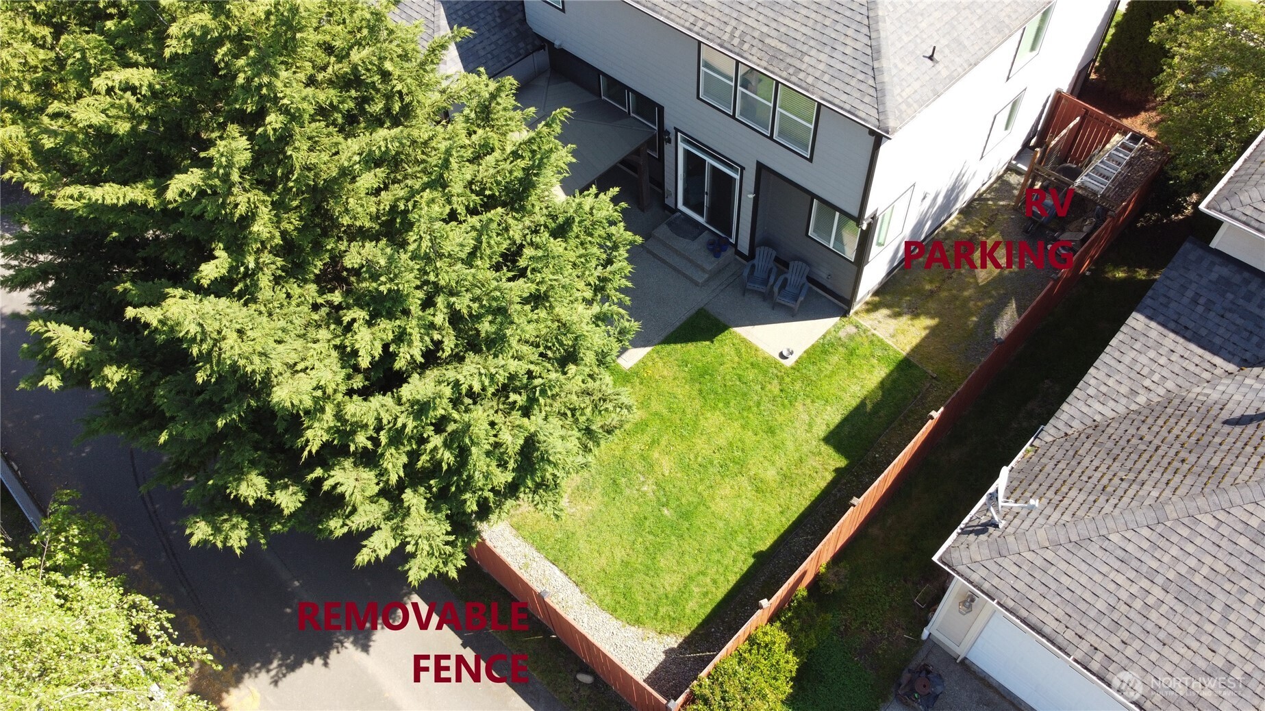 Aerial view of side of the house, discrete RV park.  Removable fence for access.