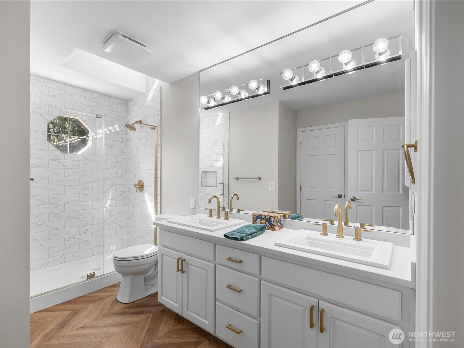 Brand new upstairs bathroom.  Absolutely stunning.  This bathroom is connected to the hallway and bedroom #2