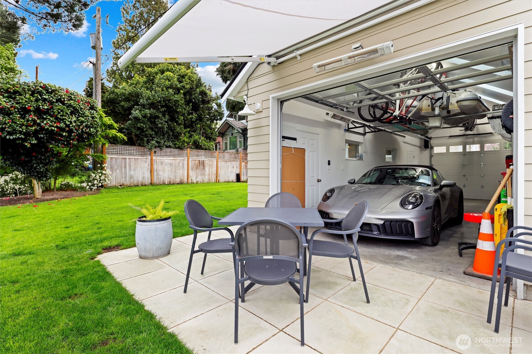 Garage door opens up to patio