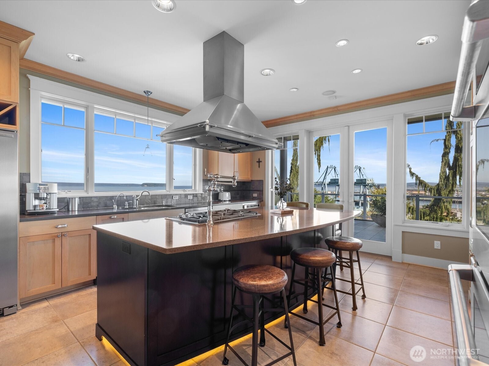 Chef's kitchen complete with custom cabinets, top of the line appliances and toe kick lighting