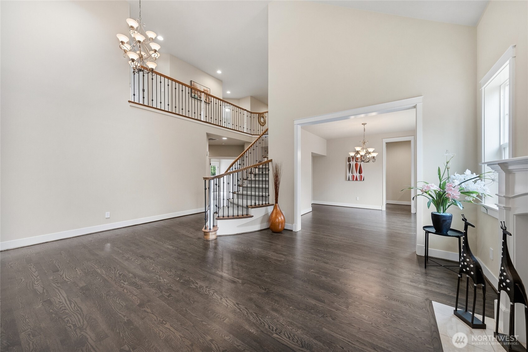 Living room, stairs, dining room