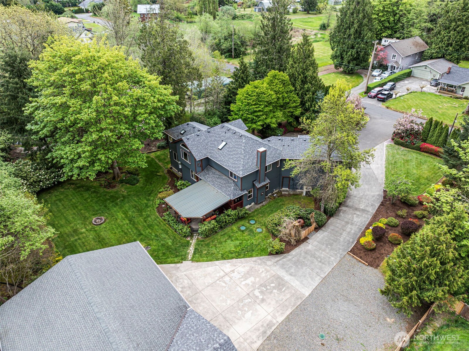 Aerial shot of Primary Home and Detached Garage