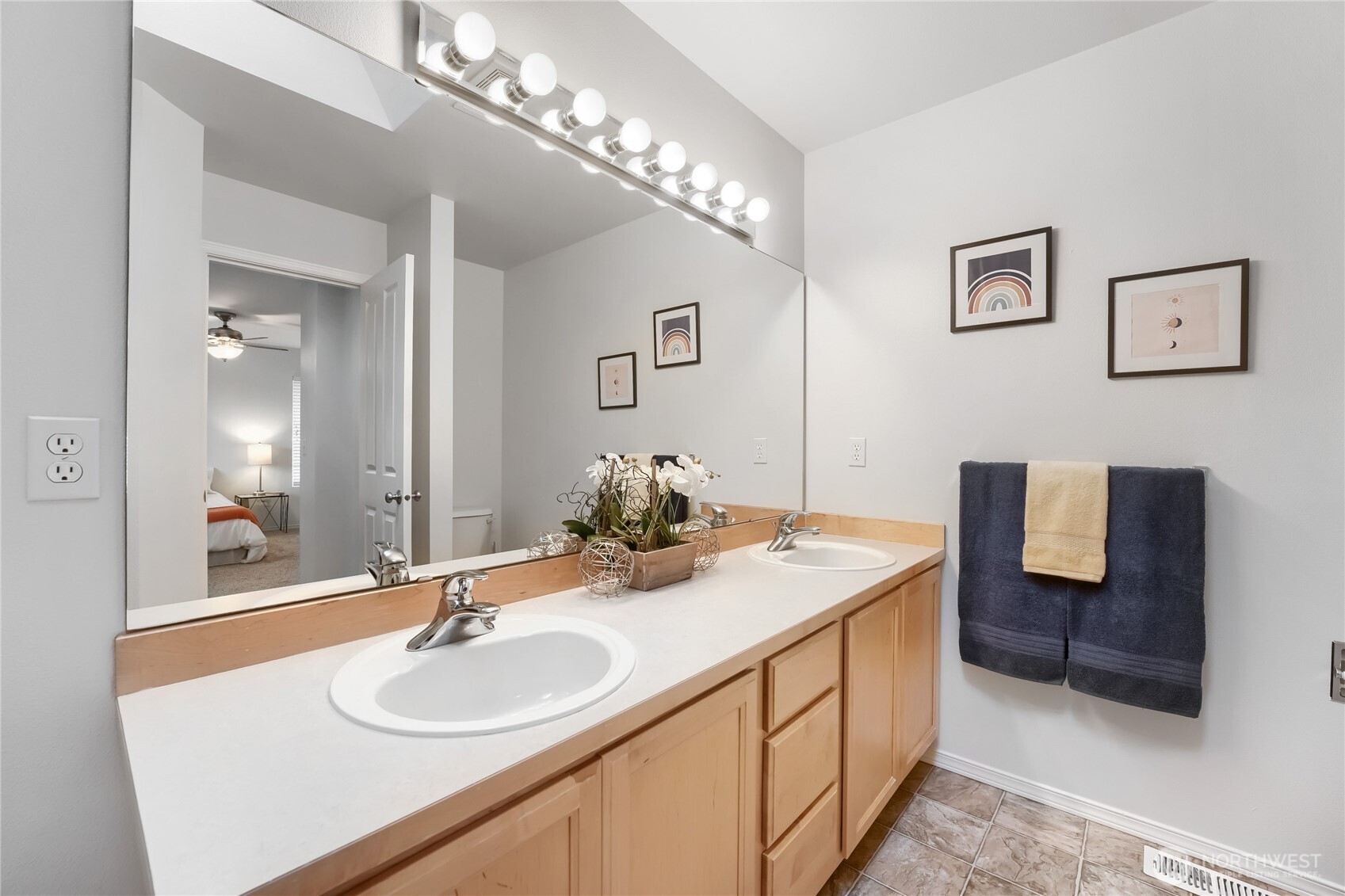Double sink vanity in the primary bedroom