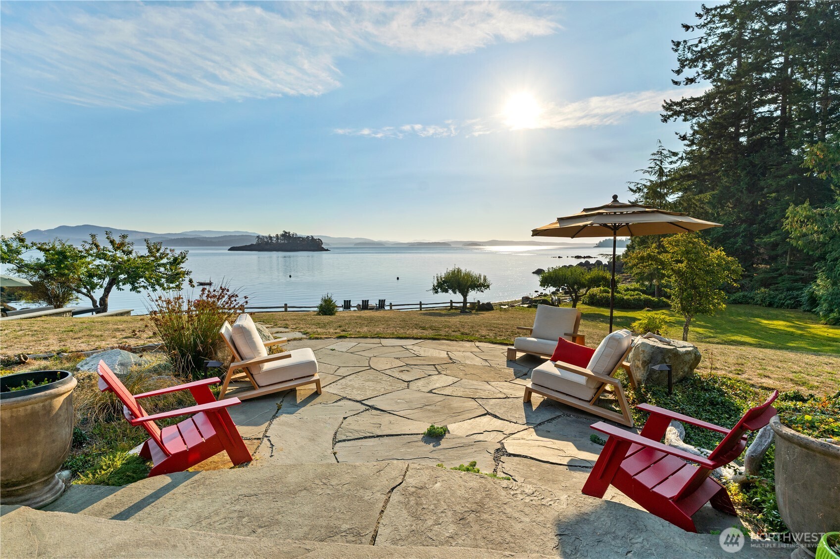 The stone patio is the perfect place to enjoy a quiet morning filled with nature's sounds.
