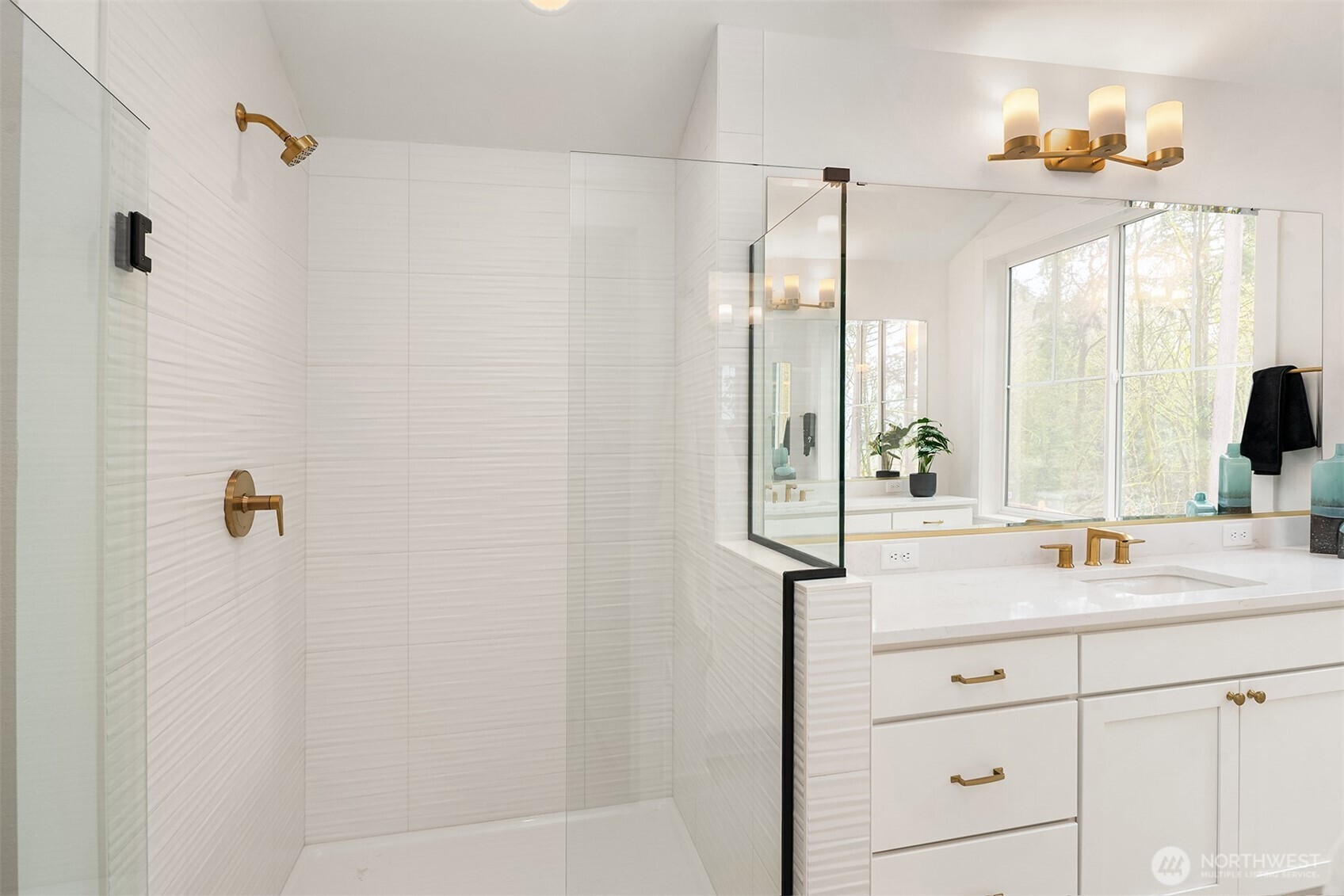 Primary shower with beautiful full height 12x22 wall tile in blade white