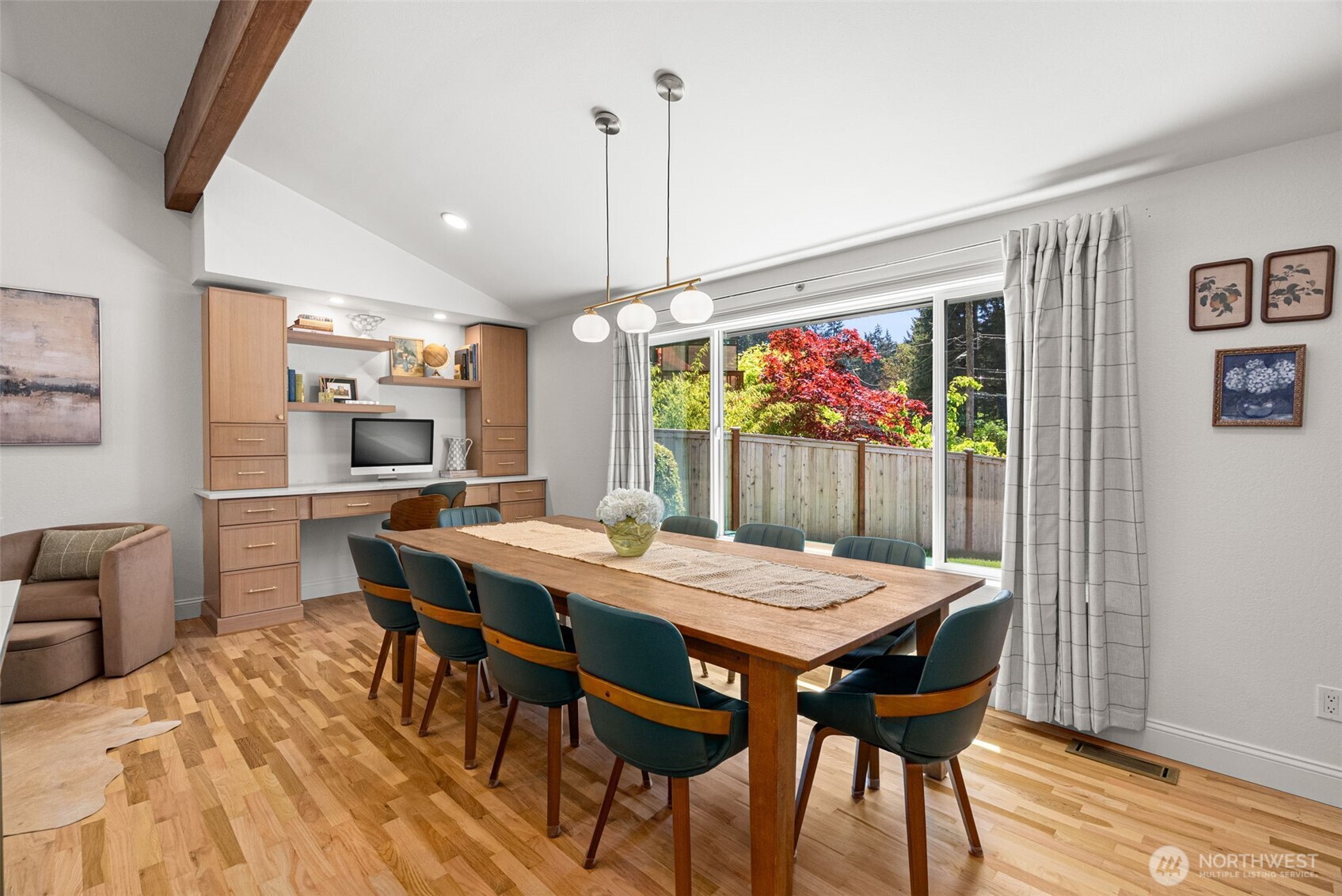 Dining space and a desk built-in.