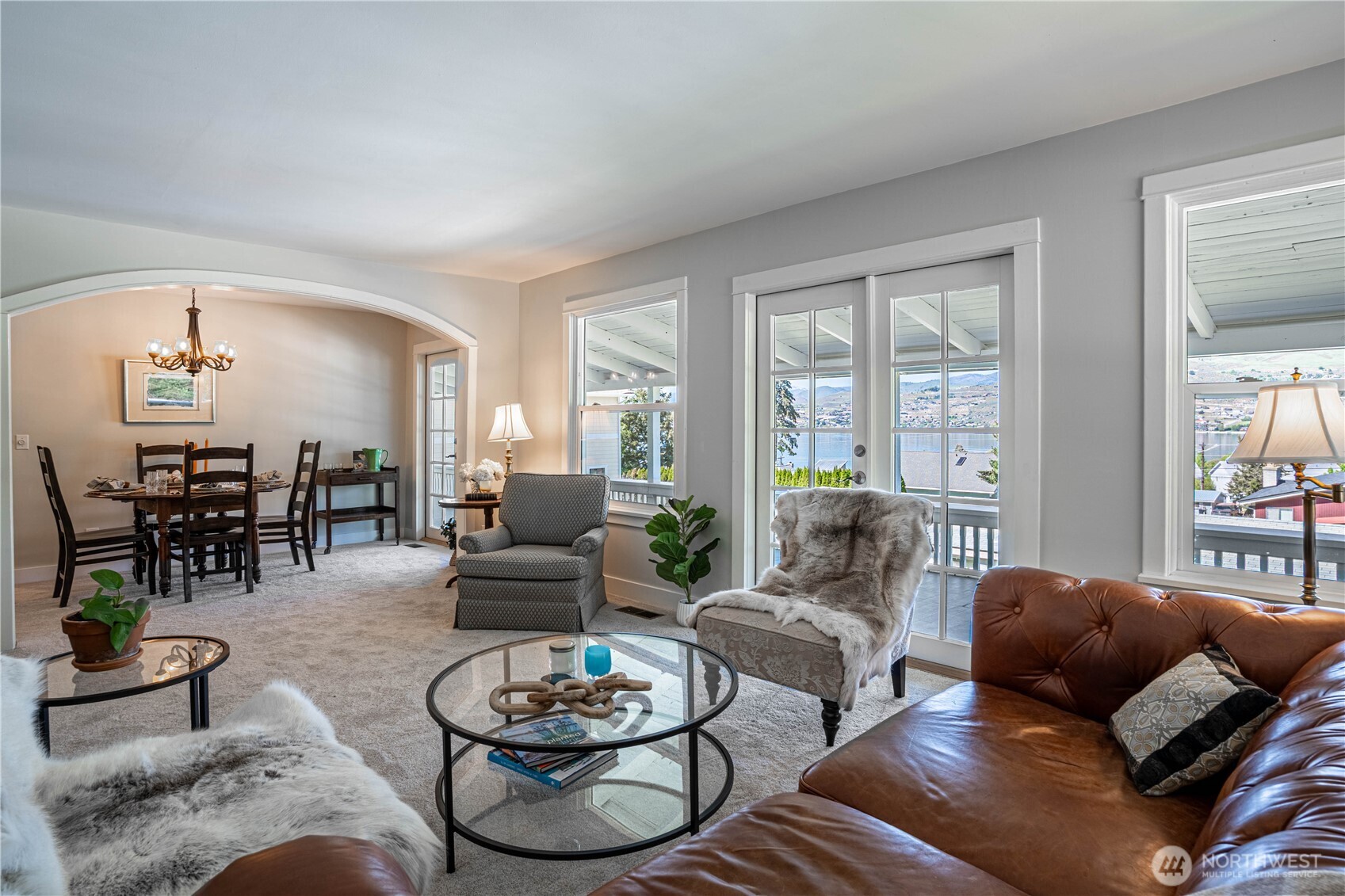 Sun filled Living area with French Doors