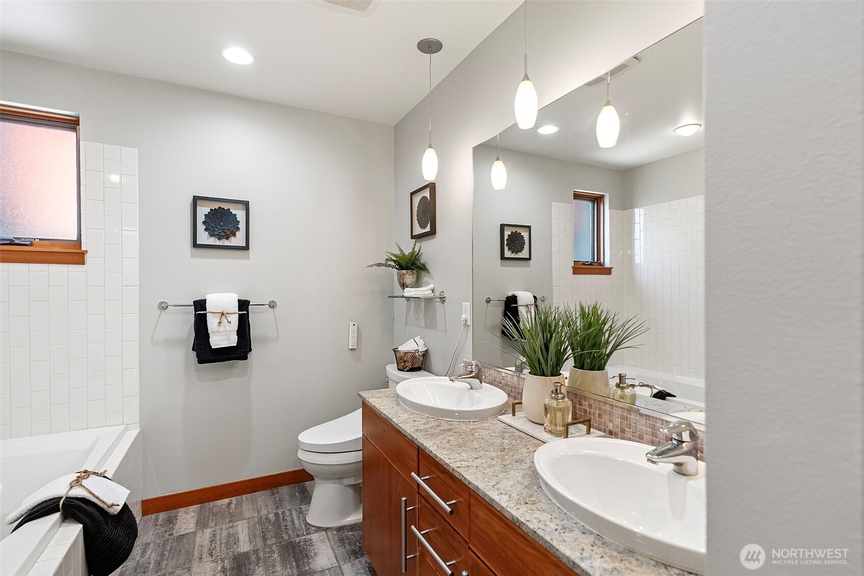 Primary bathroom with dual sink vanity