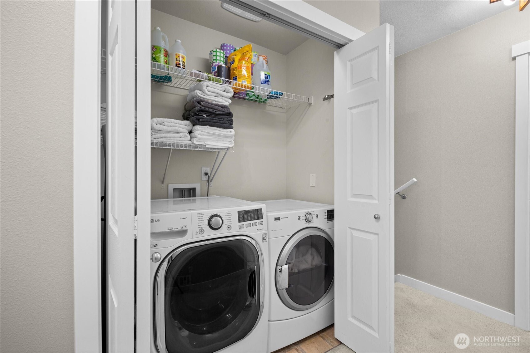 The laundry is available on the upper level off the bedrooms.