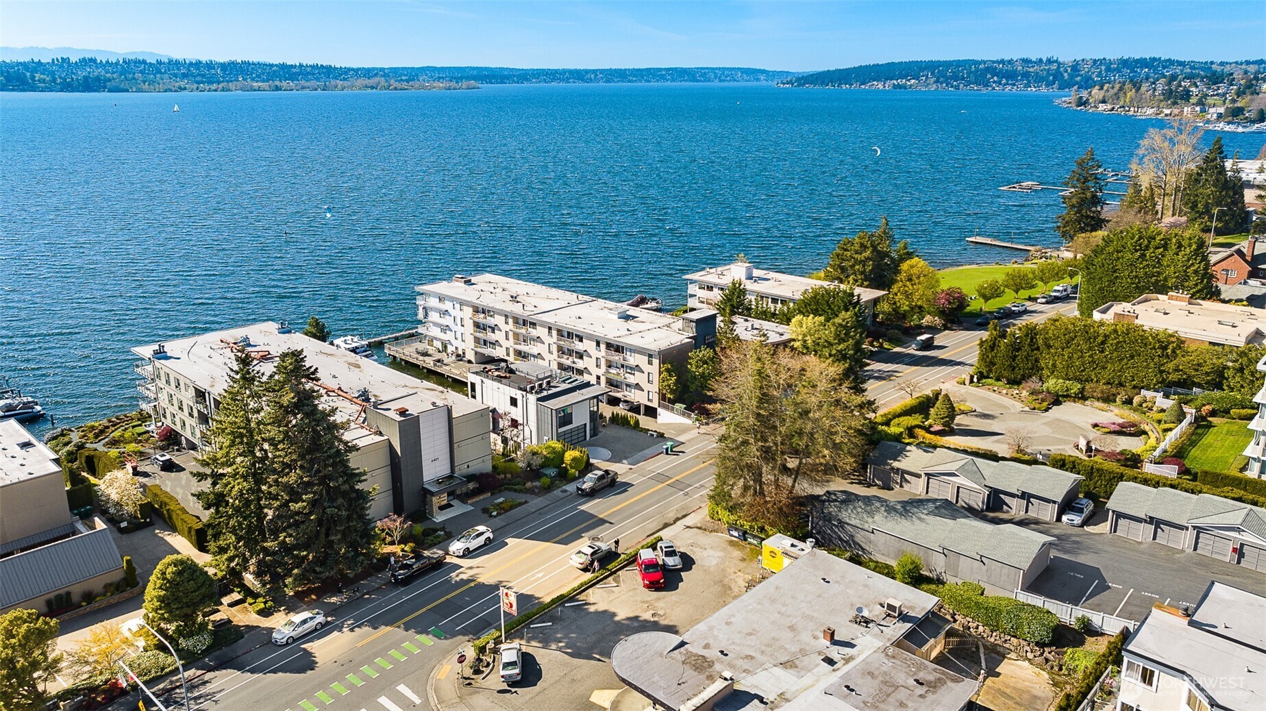 looking northwesterly at the complex and beyond. Excellent location in relation to surrounding area. Downtown  Kirkland just a few minutes north.