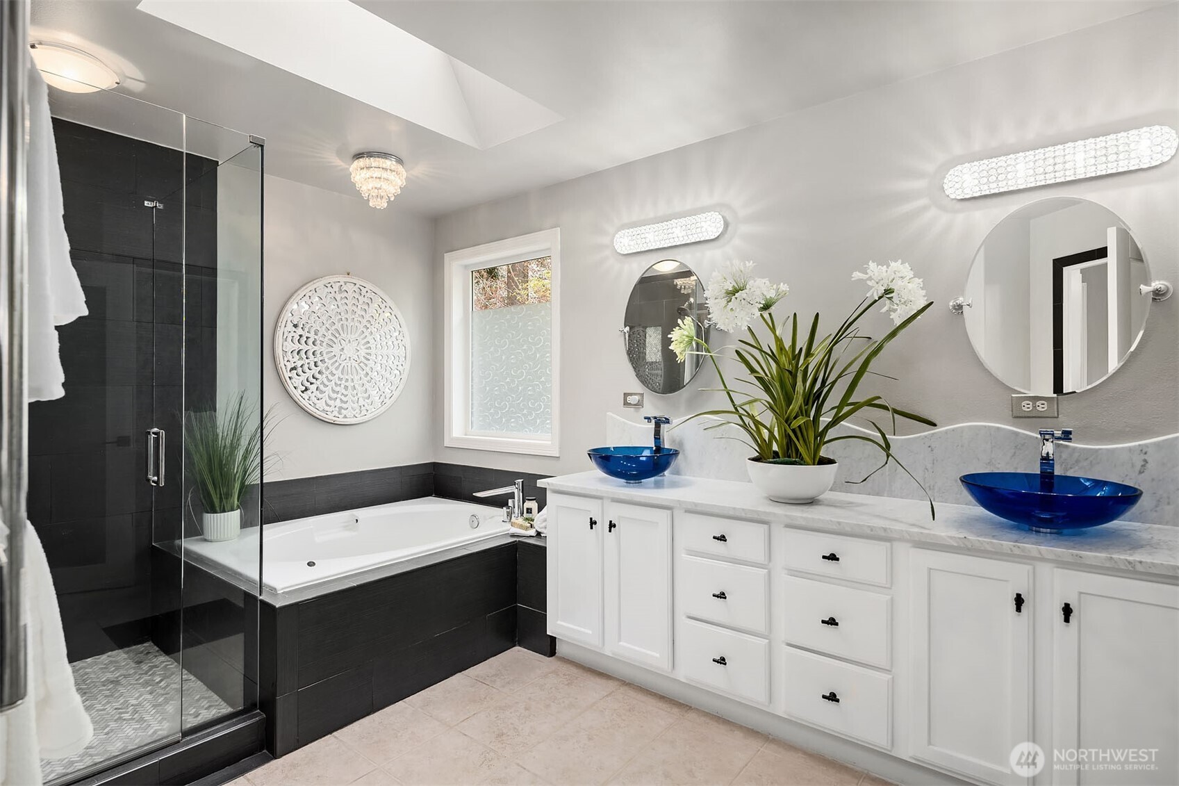Powder room on main with new vanity and floors.