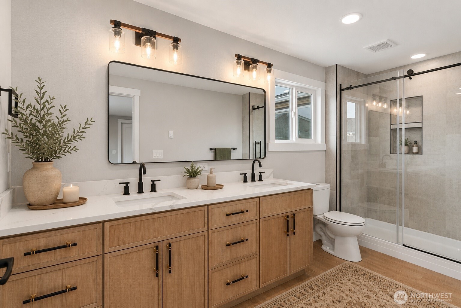 Primary bathroom. Virtually staged furniture.