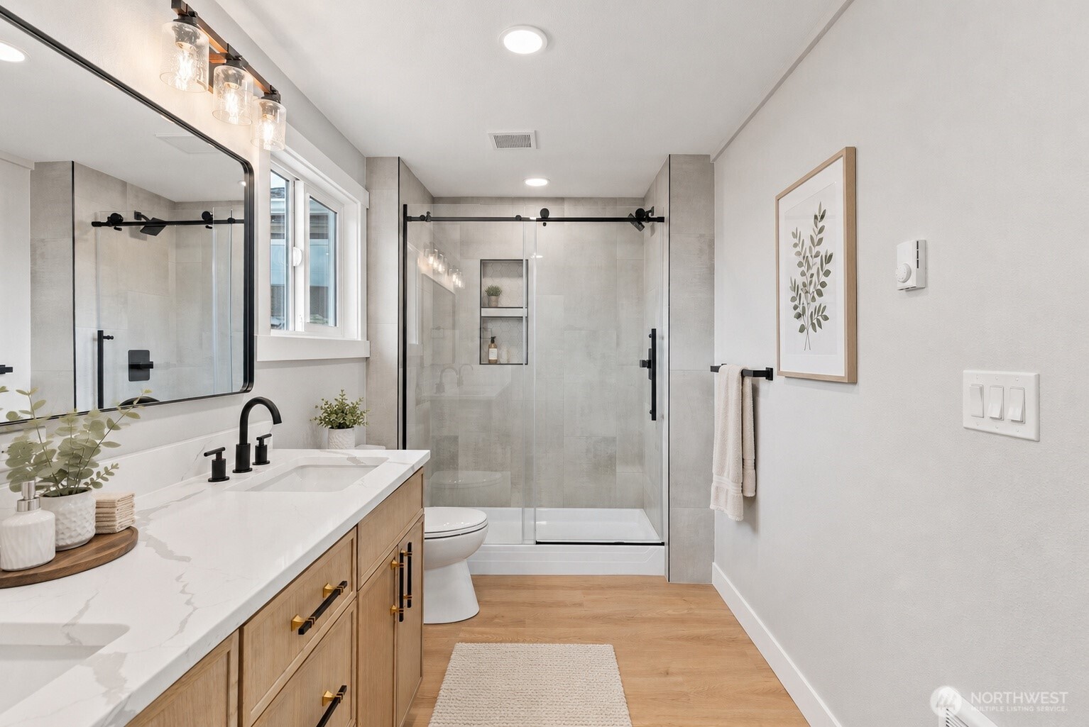 Primary bathroom. Virtually staged furniture.