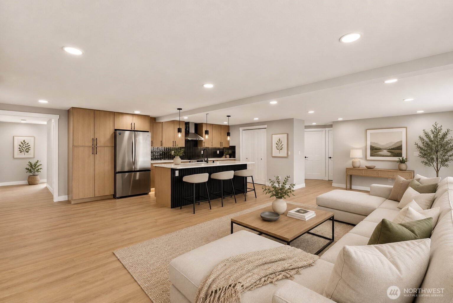 Family room and Kitchen. Virtually staged furniture.