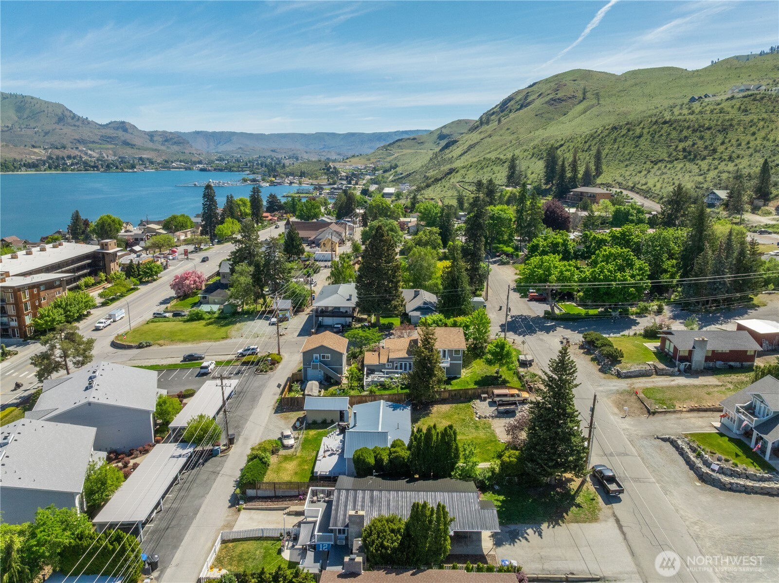 Aerial view of home in the Lakeside neighborhood overlooking Lake Chelan.