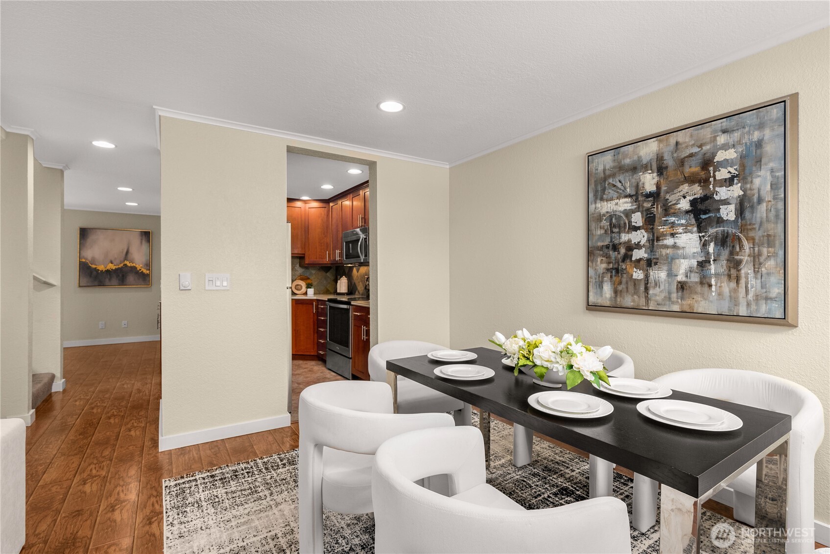 Open dining area flowing into the living room!