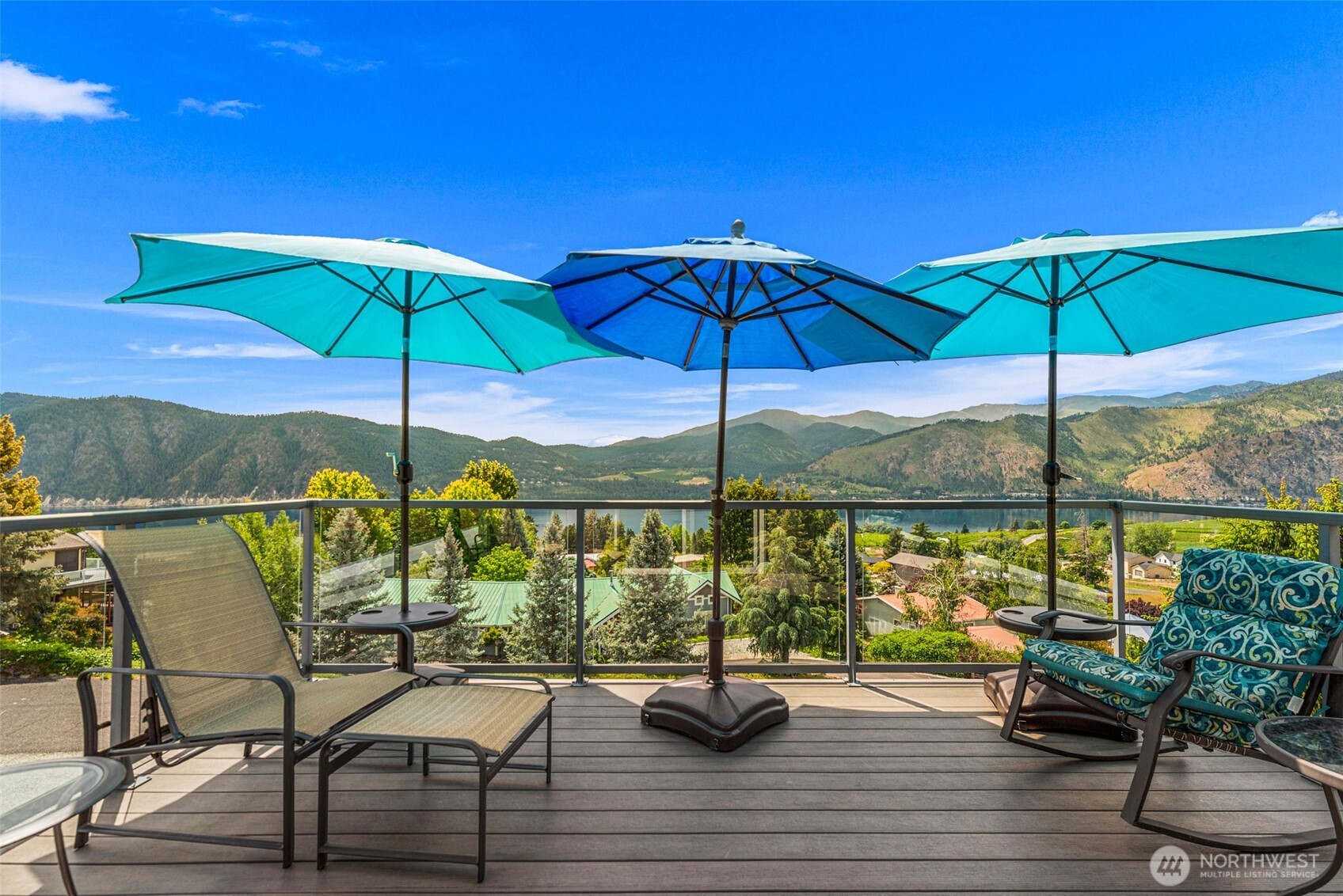 Deck with glass panels for unobstructed views.