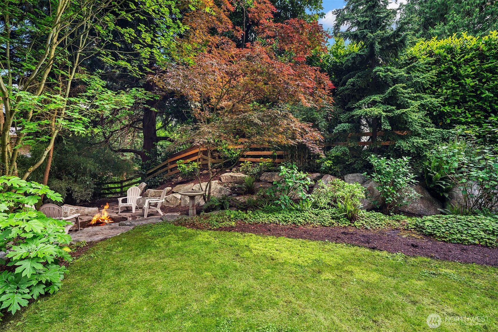 Lawn surrounded by gardens with very special specimens of plants
