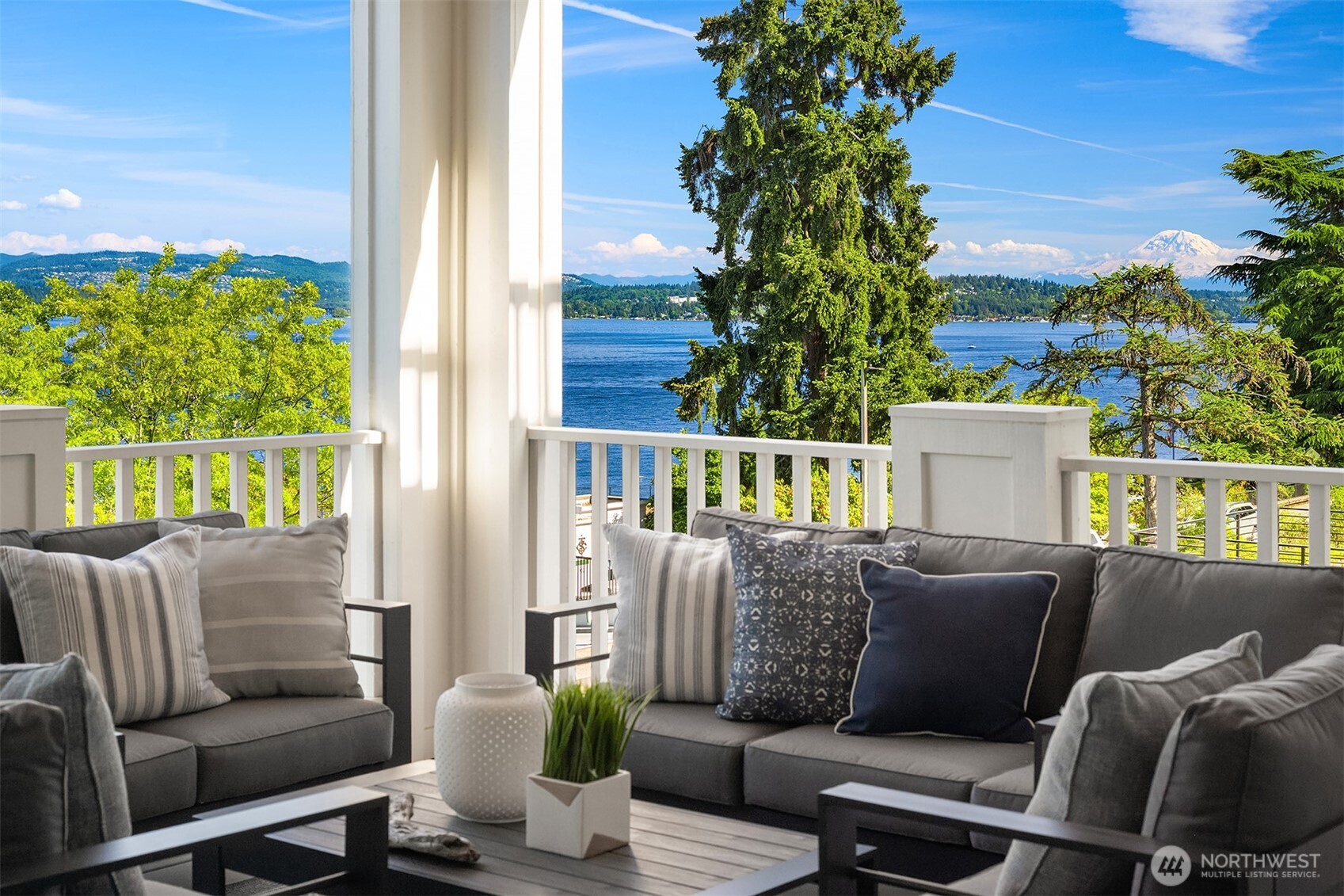 View from main floor covered patio with Mt. Rainier in the back ground.