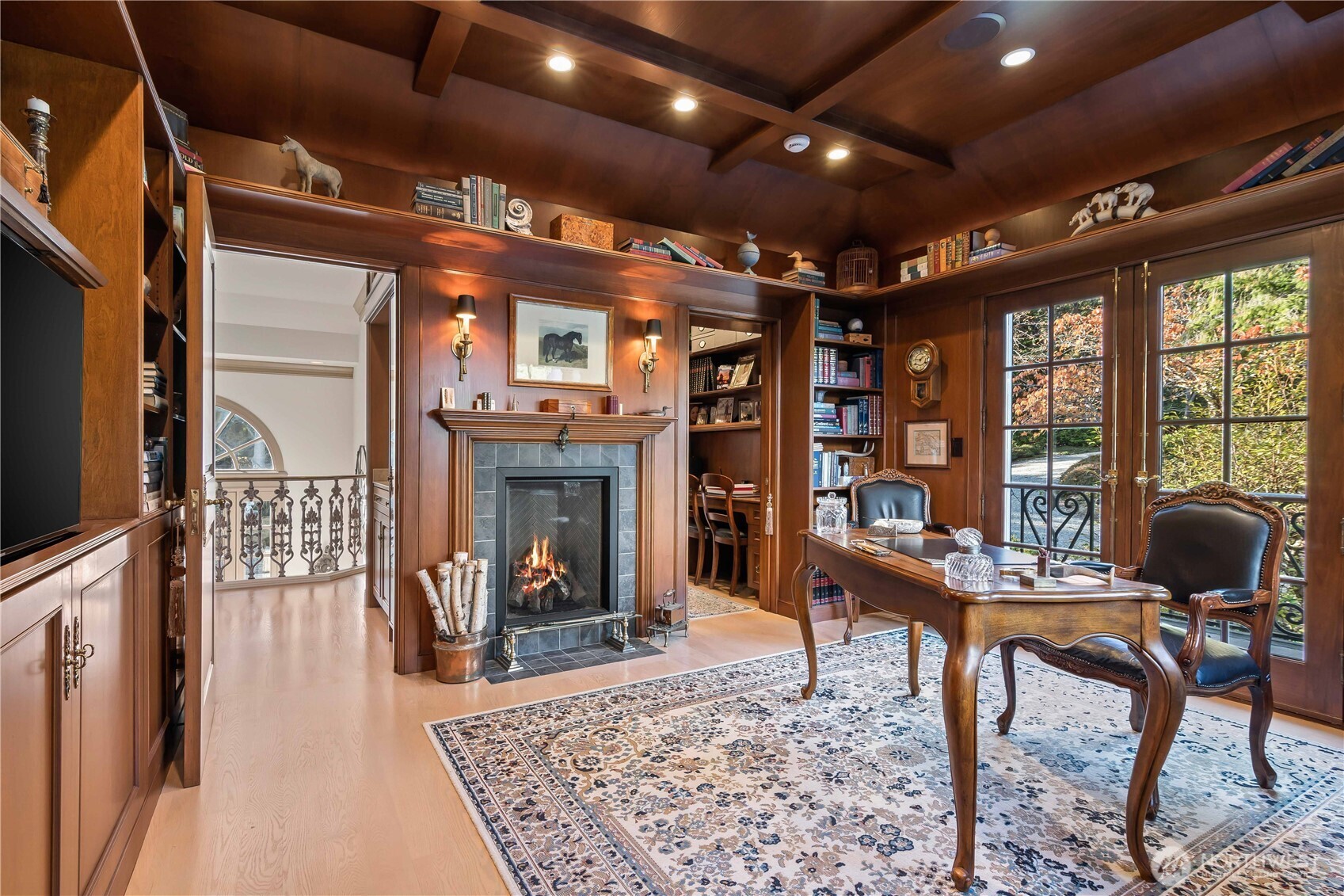 Wood-paneled library and office