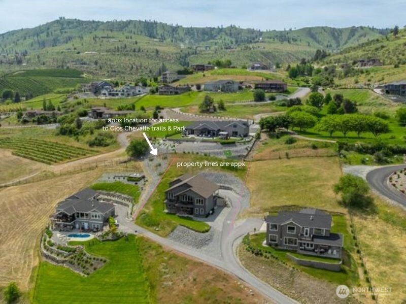 At the top (SE) corner of the property, there is a gate to access appx 3 miles of paved trails through vineyards. Grandview residents also enjoy use of the Clos Chevalle park