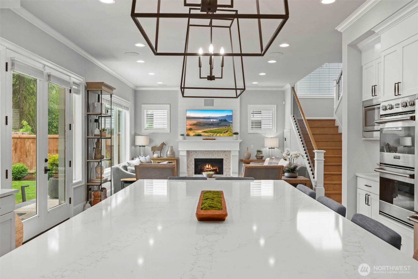 Showpiece kitchen with striking 10' quartz island
