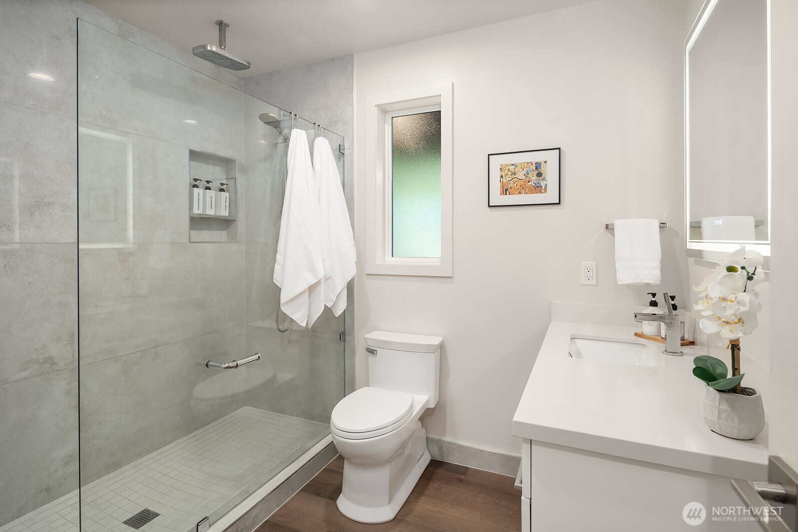 Lovely walk-in shower - rain shower head and detachable shower head, lighted mirror