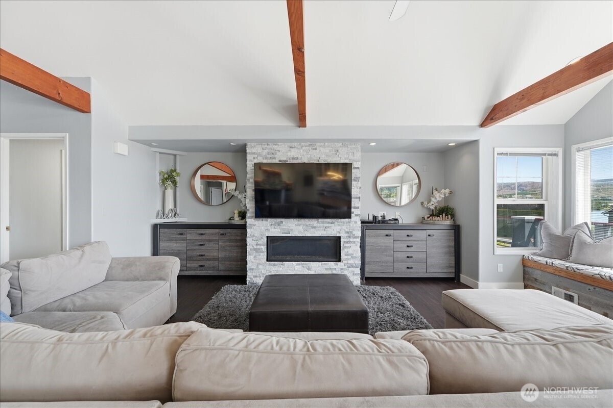 Gas fireplace, entertainment center, storage