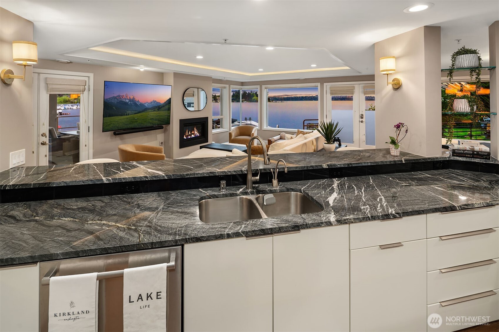 dramatic marble counters and a view that goes on forever are showstoppers.
