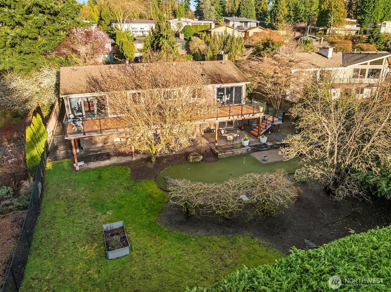 Aerial view of the vast back yard.