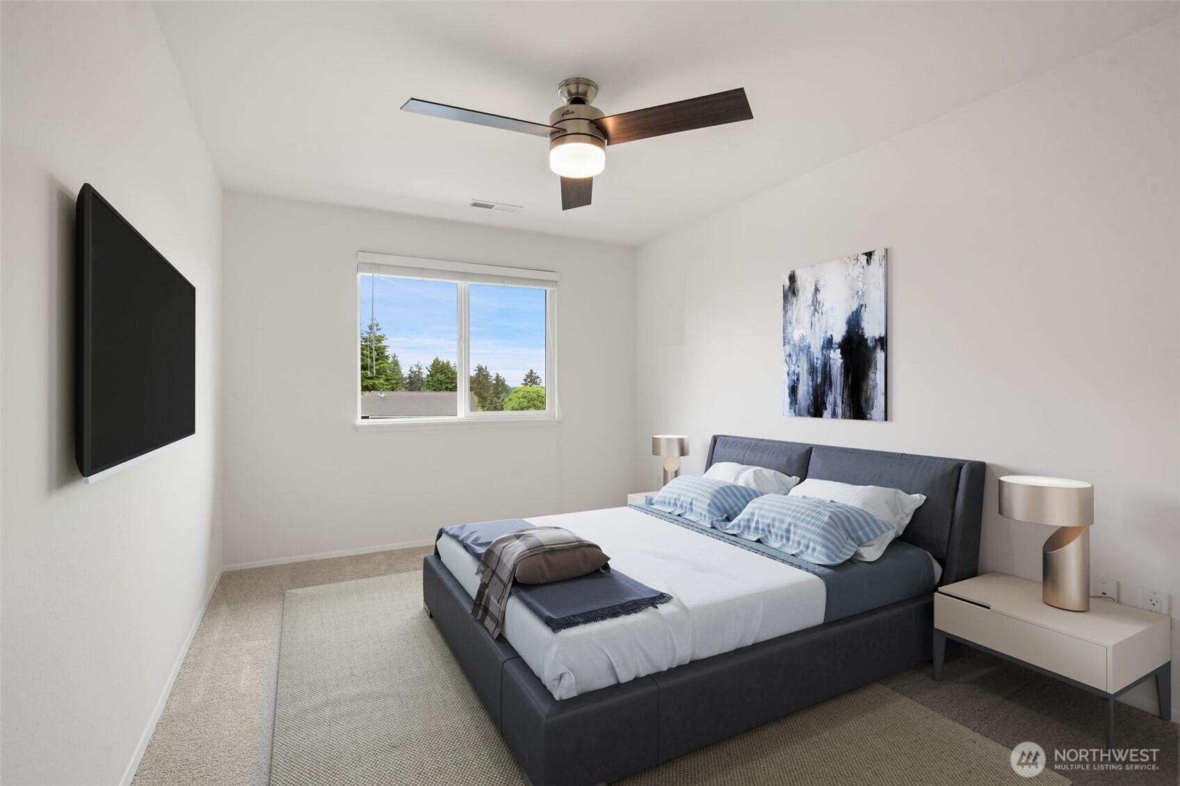2nd level bedroom with fan and views of mountains - fresh carpets & paint. Virtually staged to show size & possibilities.
