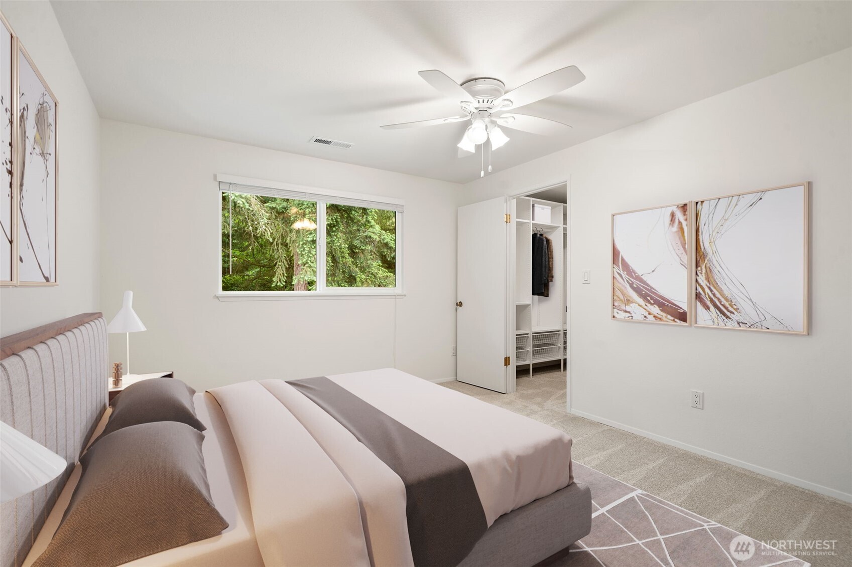 2nd level bedroom with fan and views of evergreen trees - fresh carpets & paint. Virtually staged to show size & possibilities. Larger walk in closet.