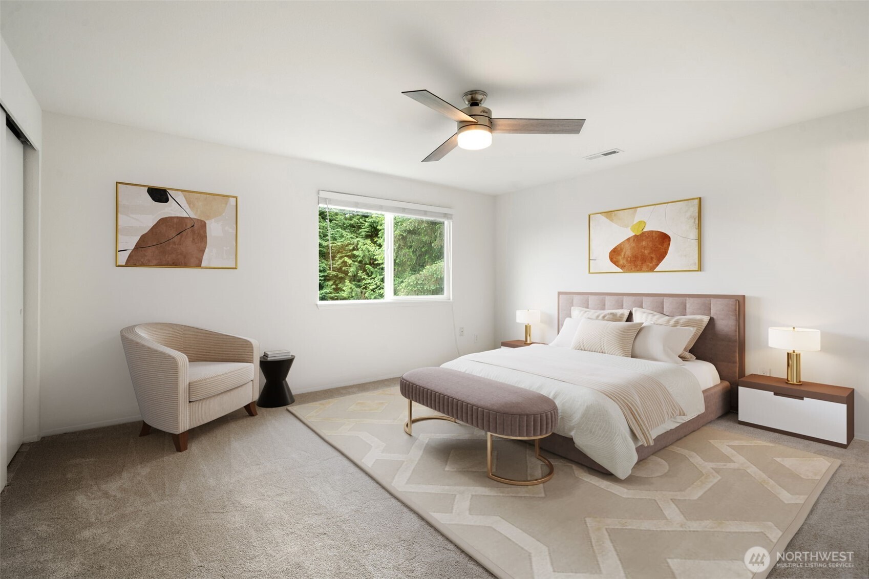 Primary Bedroom with en-suite bathroom - fresh carpets & paint. Great closet spaces. Virtually staged to show size & possibilities.